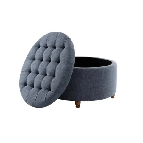 Blue Round Upholstered Storage Ottoman with Button Tufting