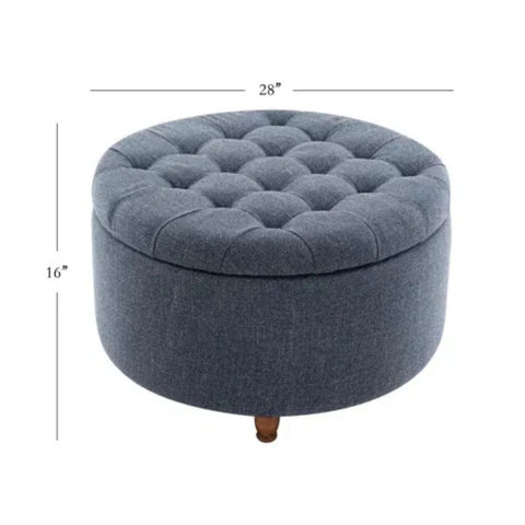 Blue Round Upholstered Storage Ottoman with Button Tufting