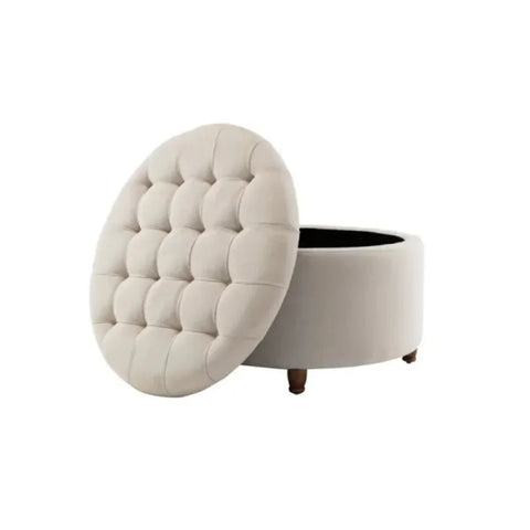 Cream Round Upholstered Storage Ottoman with Wooden Legs