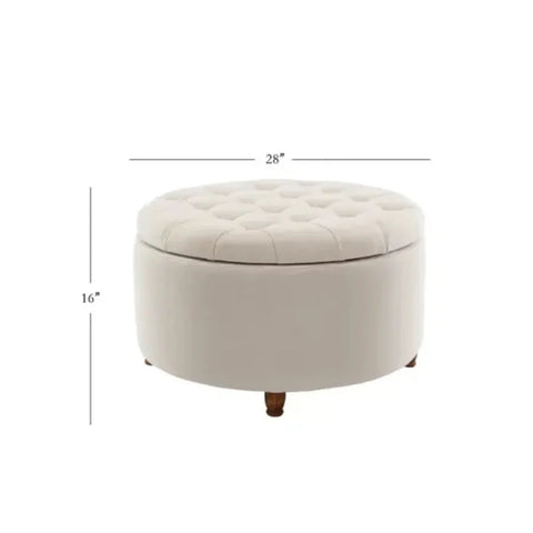 Cream Round Upholstered Storage Ottoman with Wooden Legs
