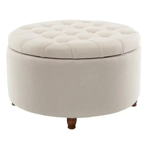 Cream Round Upholstered Storage Ottoman with Wooden Legs