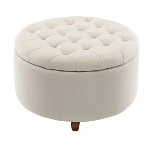 Cream Round Upholstered Storage Ottoman with Wooden Legs