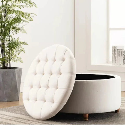 Cream Round Upholstered Storage Ottoman with Wooden Legs