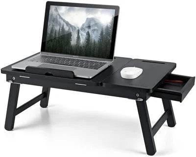 Foldable Wooden Laptop Desk Tray with Drawer and Device Slots