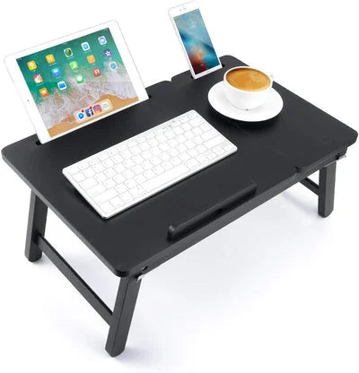 Foldable Wooden Laptop Desk Tray with Drawer and Device Slots