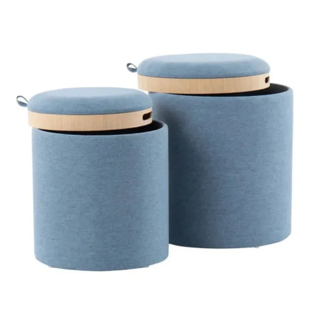 Blue Round Storage Ottoman with Cotton Cushion and Wooden Frame