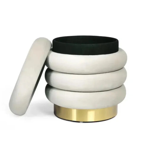Cream Velvet Round Storage Ottoman with Gold Base