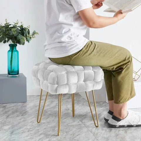 Flemin Wide Velvet Tufted Square Cocktail Ottoman with Gold Legs