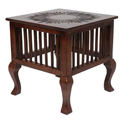 Handcrafted Brown Wooden Side Table with Antique Finish for Living Room and Balcony