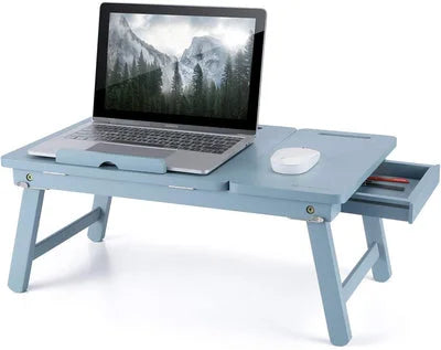 Foldable Wooden Laptop Desk Tray with Drawer and Device Slots