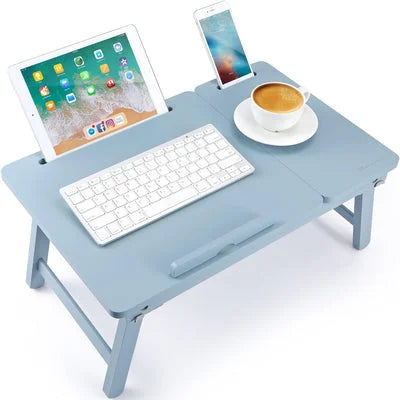 Foldable Wooden Laptop Desk Tray with Drawer and Device Slots