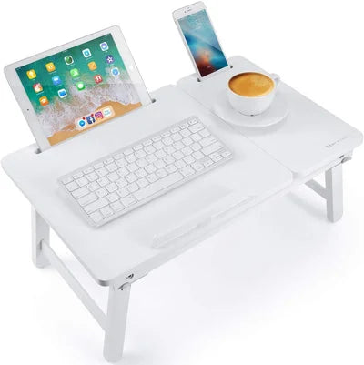 Foldable Wooden Laptop Desk Tray with Drawer and Device Slots