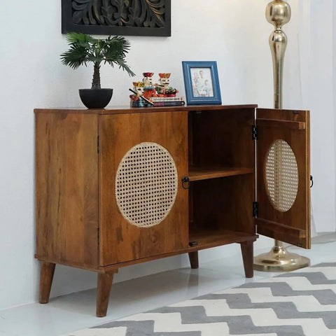 Josif 2-Door Mango Wood & Cane Cabinet