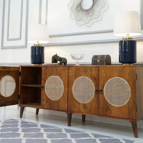 Josif 4-Door Mango Wood & Cane Cabinet