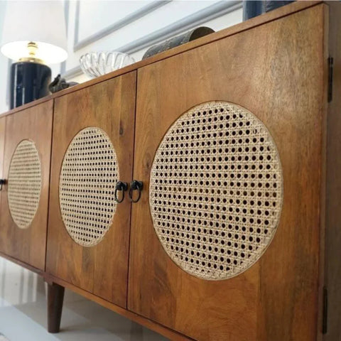 Josif 4-Door Mango Wood & Cane Cabinet