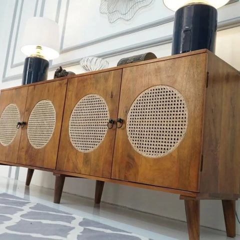 Josif 4-Door Mango Wood & Cane Cabinet