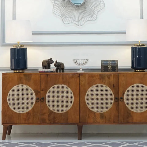 Josif 4-Door Mango Wood & Cane Cabinet