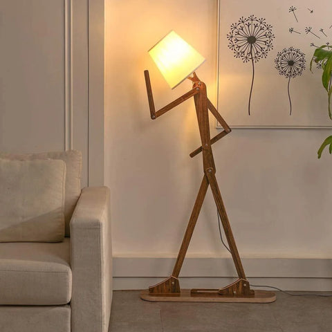 Decorative Wooden Stick Man Floor Lamp with Swing Arm