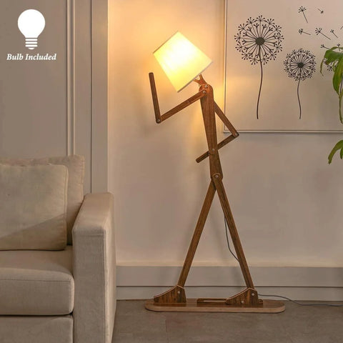 Decorative Wooden Stick Man Floor Lamp with Swing Arm