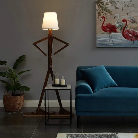 Decorative Wooden Stick Man Floor Lamp with Swing Arm