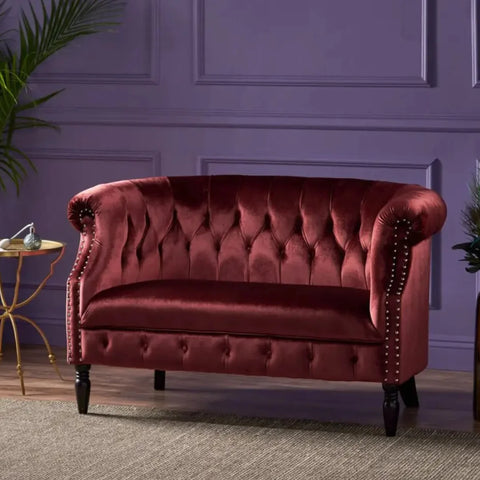 Velvet Rolled Arm Chesterfield Loveseat with Button Tufting