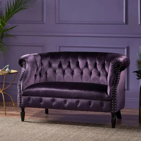 Velvet Rolled Arm Chesterfield Loveseat with Button Tufting