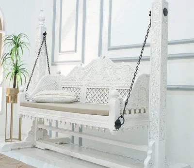 Crate White Finish Swing Chair with Intricate Carvings