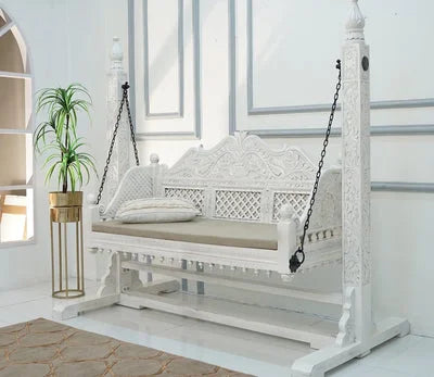Crate White Finish Swing Chair with Intricate Carvings