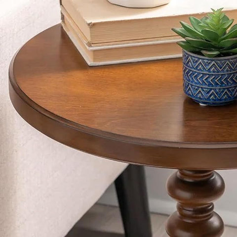Elegant Brown Wooden Round Side Table with Pedestal Base