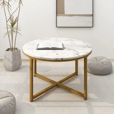 Middlebrook Cross Base Round Marble Coffee Table for Living Room