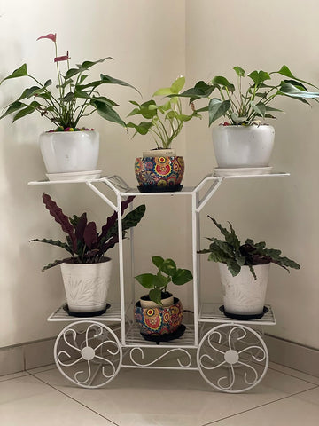 6-Tier Wrought Iron Cart Planter Stand | Decorative Outdoor Flower Rack