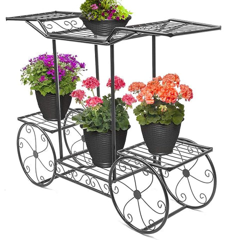6-Tier Wrought Iron Cart Planter Stand | Decorative Outdoor Flower Rack