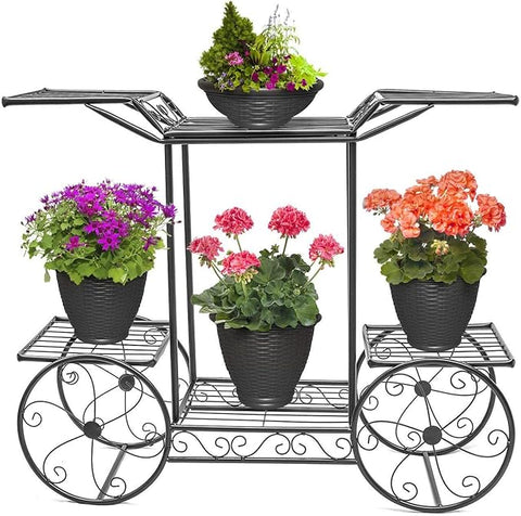6-Tier Wrought Iron Cart Planter Stand | Decorative Outdoor Flower Rack