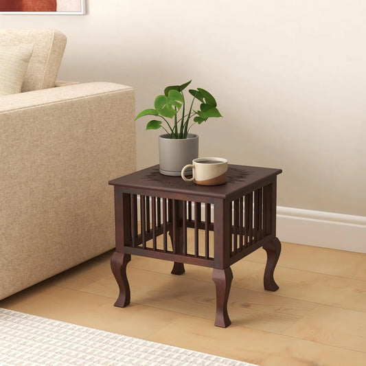 Handcrafted Brown Wooden Side Table with Antique Finish for Living Room and Balcony