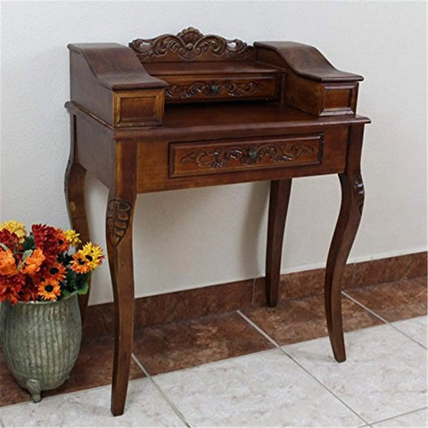 Hand-Carved Wooden Telephone Table with Two Drawers