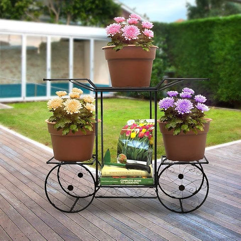 6-Tier Wrought Iron Cart Planter Stand | Decorative Outdoor Flower Rack