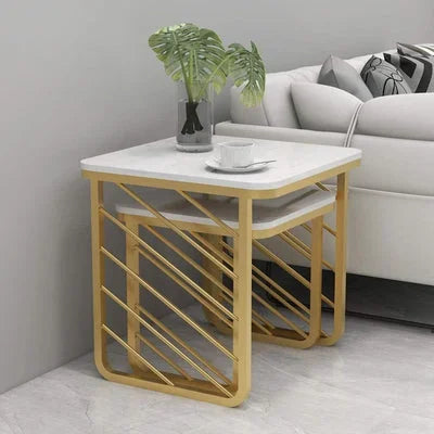 Square Sofa Side Nesting Tables Set with Marble Tops