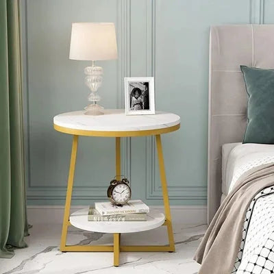Vesta Two-Tier Marble Sofa Side Table with Gold Metal Frame
