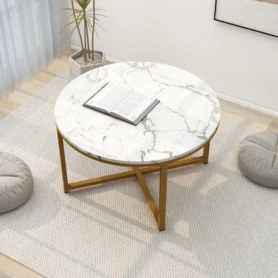 Middlebrook Cross Base Round Marble Coffee Table for Living Room