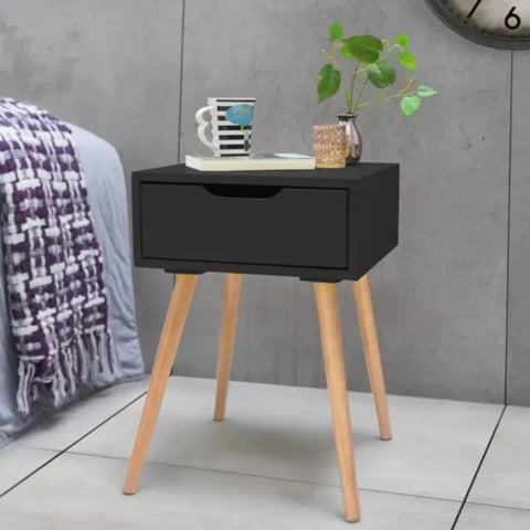 Modern Brown and Black Nightstand with Drawer and Solid Wood Legs
