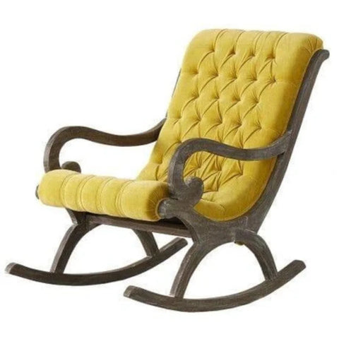 Artisan Yellow Tufted Rocking Chair with Handcrafted Wooden Frame