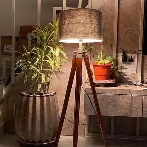 Adjustable Tripod Floor Lamp with Wooden Stand and Black Shade