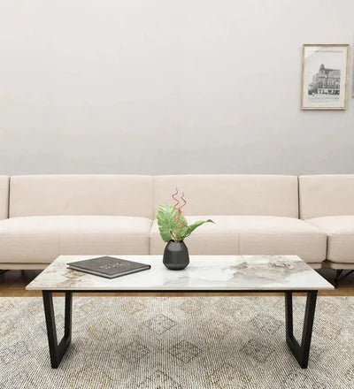 Metal Coffee Table with Multicolor Marble Top and Black Frame