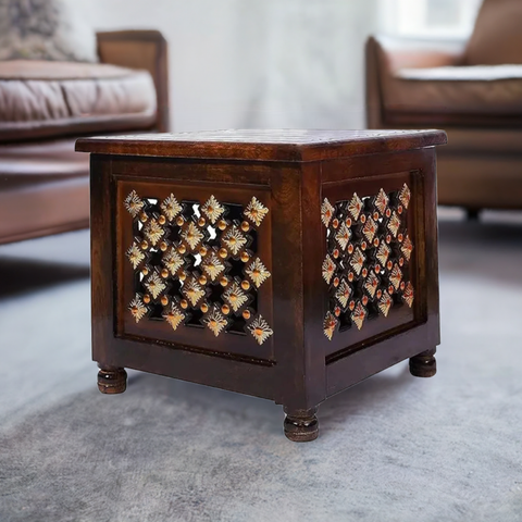 Handcrafted Brown Antique Wooden Stool with Hidden Storage