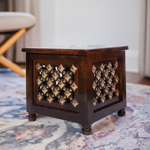 Handcrafted Brown Antique Wooden Stool with Hidden Storage