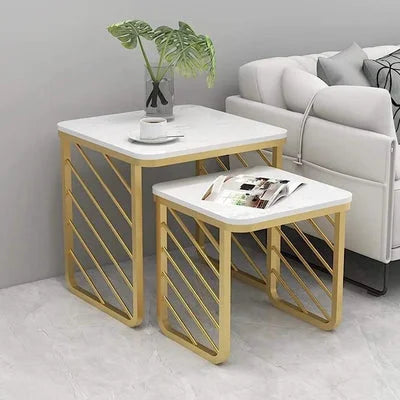 Square Sofa Side Nesting Tables Set with Marble Tops