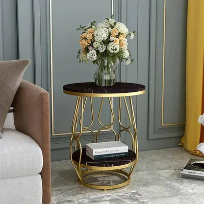 Tulip Marble Double Shelf Side Table with Gold Metal Base