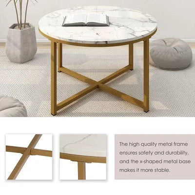 Middlebrook Cross Base Round Marble Coffee Table for Living Room