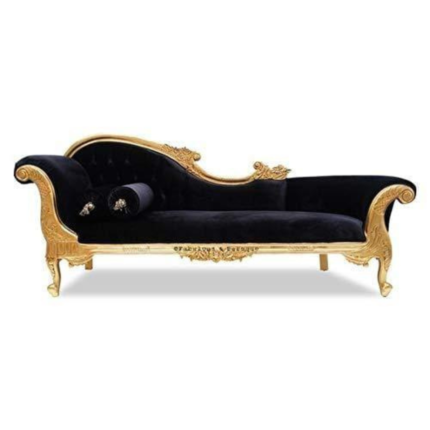 Woodenshoppe Royal Handcrafted Neem Wood Velvet Chaise Lounge Sofa – Black & Gold