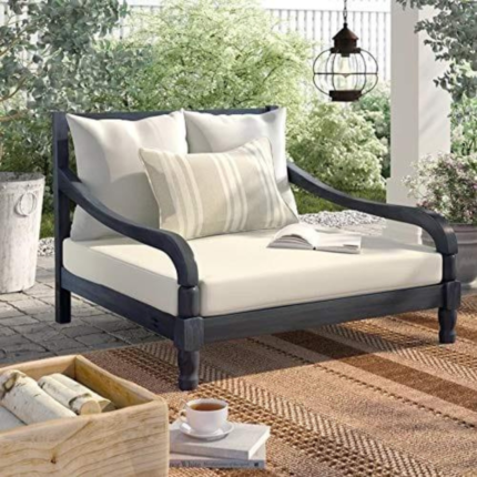 Woodenshoppe Handcrafted Solid Wood Double Chaise Lounge with Cushion – Black